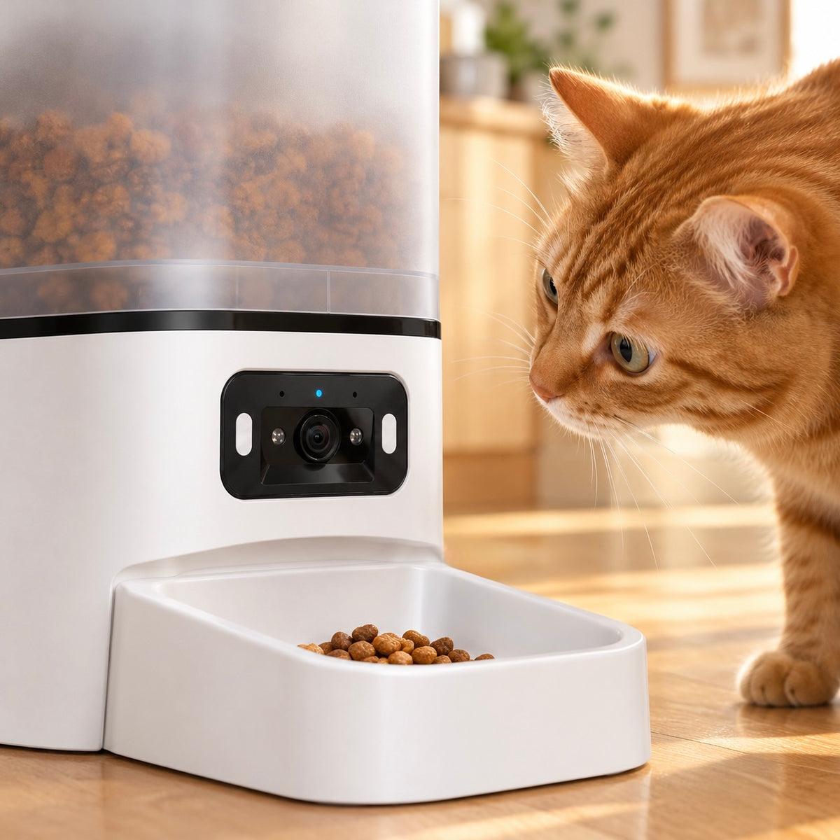 Un chat curieux devant la caméra du distributeur Duo
