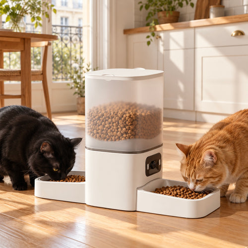 Deux chats mangent chacun dans son plateau du distributeur Duo, dans une cuisine